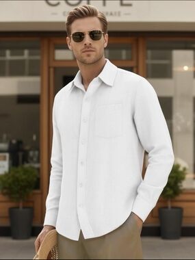 Classic White Long-Sleeve Button-Up Shirt for Men